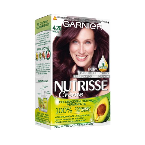 Tinte de pelo permanente color violín, tono 4.26 GARNIER Nutrisse créme.