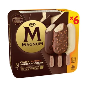 MAGNUM de Frigo Bombones helados de chocolate con leche (2), almendrado (2) y chocolate blanco (2) 6 x 100 ml.