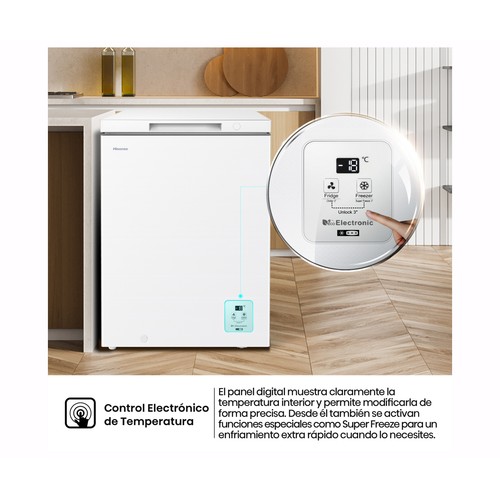 Congelador horizontal HISENSE FT100N1AWDL, clasificación energética: D, H: 85,8cm, A: 57,8cm, F: 44,4cm, capacidad total: 97L.