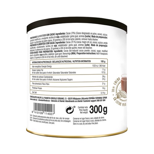 VALOR Cacao negro soluble negro 70% negro VALOR bote 300 g.