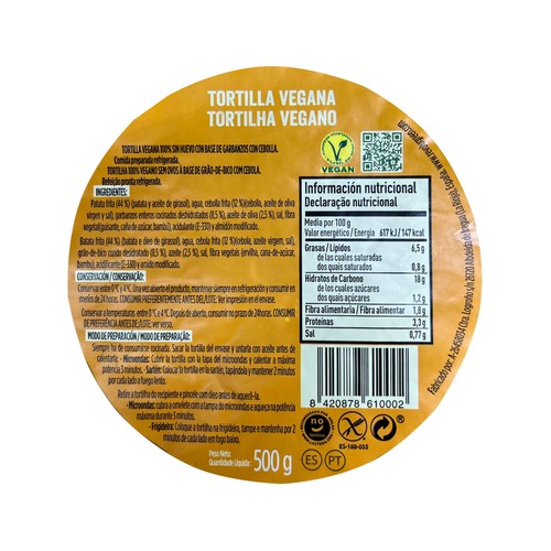 Tortilla vegana sin huevo, ni colorantes ni conservantes REVOLU GREEN 500 g.