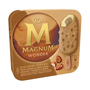 MAGNUM Wonder Bombón helado de nata con interior de datiles y caramelo, recubierto de chocolate blanco con caramelo 3 x 90 ml.