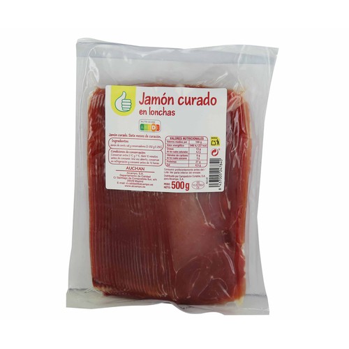 Jamón serrano curado (siete meses de curación) cortado en lonchas PRODUCTO ECONÓMICO ALCAMPO 500 g.