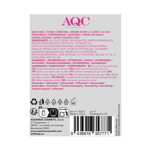 AQC FRAGANCES Sunshine crush Body mist para mujer con vaporizador en spray 250 ml.