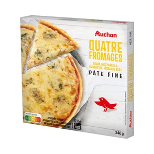 AUCHAN Pizza de masa fina a los 4 quesos (Edam, Mozzrella, Emmental y Azul) 340 g. Producto Alcampo
