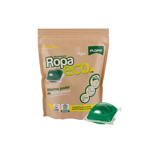 FLOPP Detergente ecológico líquido, en cápsulas para el lavado de todo tipo de ropa 16 uds. 315,2 g.