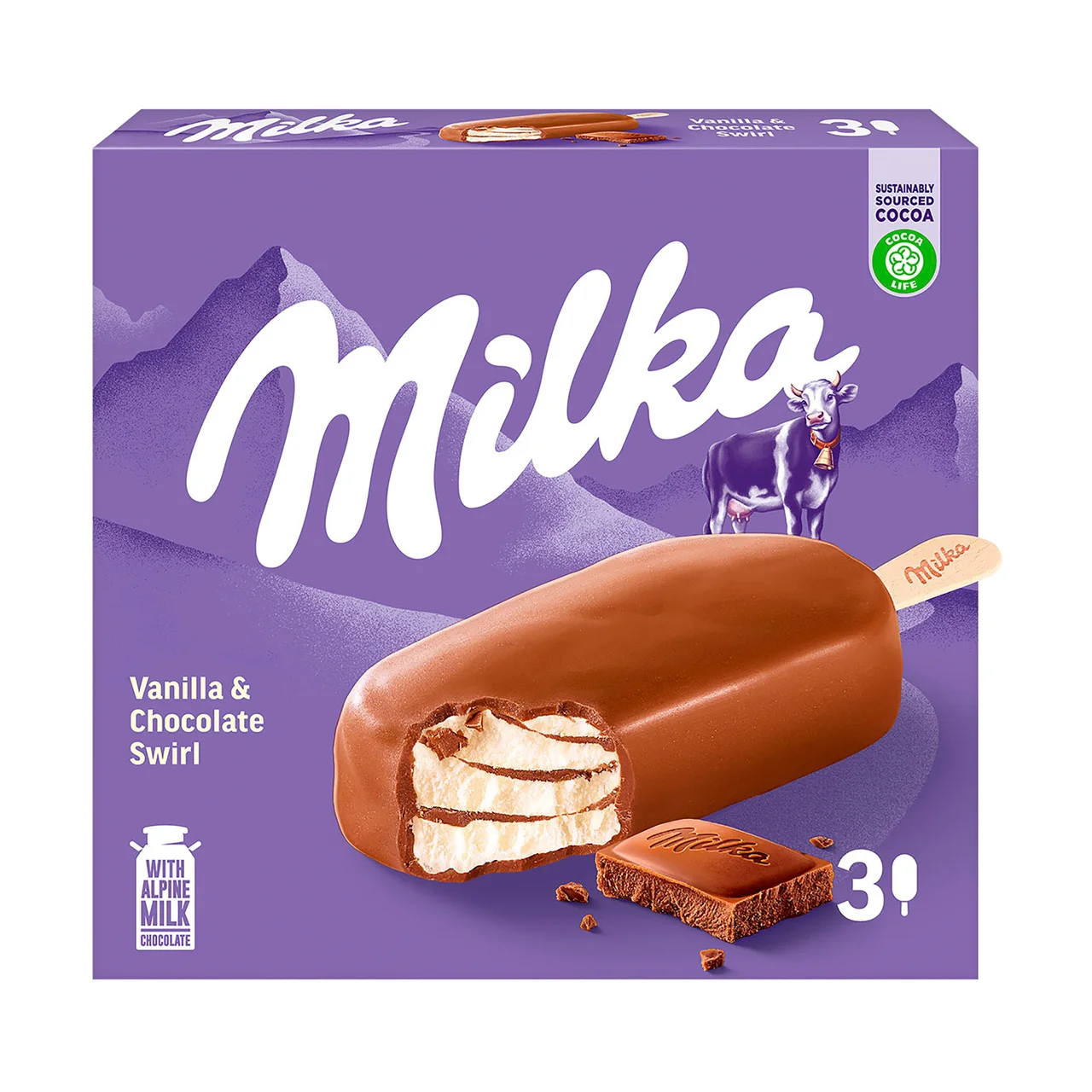 Helado de vainilla con chocolate con leche (leche proviniente de los Alpes) recubierto de chocolate con leche 3 x 90 ml.
