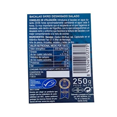 DIMAR Bacalao salado desmigado DIMAR bandeja de 250 g.