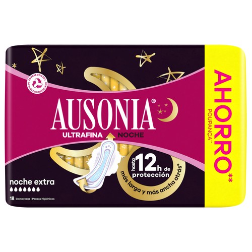 AUSONIA Compresas ultrafinas de noche extra con alas 18 uds.