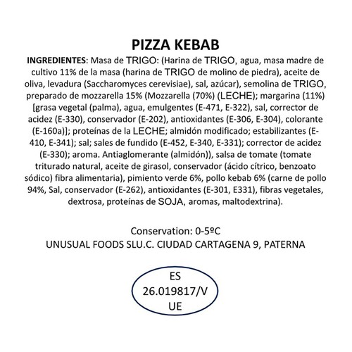 UNUSUAL FOODS Pizza artesana de pollo kebab mozzarella y pimiento 420 g.