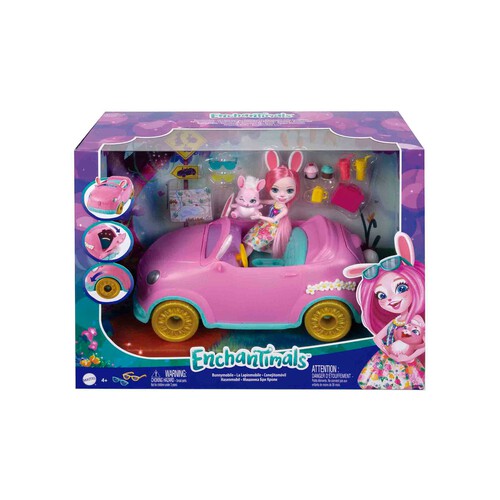 ENCHANTIMALS Bree Bunny y su coche descapotable Muñeca con coche rosa de juguete, mascota conejito y accesorios (MATTEL HCF85)