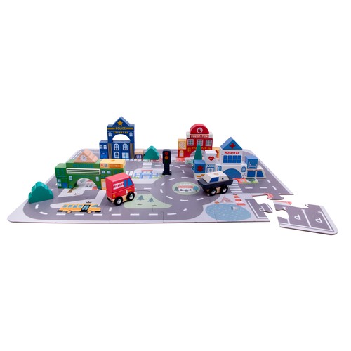 Cubo de Piezas Ciudad con Puzle y Bloques de Madera 75 piezas +18 Meses ONE, TWO FUN Baby