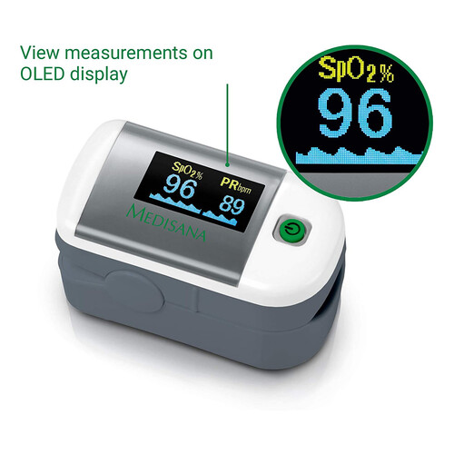 Medidor de oxígeno en sangre MEDISANA PM100, saturación de oxigeno y pulso, pantalla OLED, apagado automático.