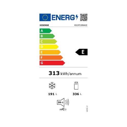 Frigorífico americano 178,5cm HISENSE RS3P538NAIE, no frost, clasificación energética: E, H: 178,5cm A: 91cm, F: 60cm, capacidad total: 527L.