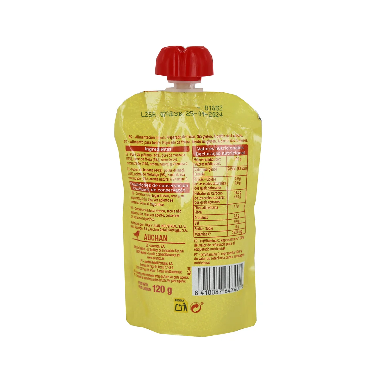 ALCAMPO BABY Bolsita de fruta (manzana, plátano y fresa), a partir de 4 meses ALCAMPO BABY 120 g.