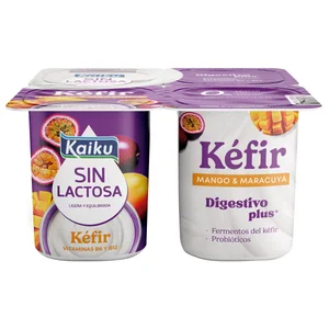 KAIKU Sin lactosa Kéfir sin lactosa con trocitos de mango y maracuya 4 x 125 g.