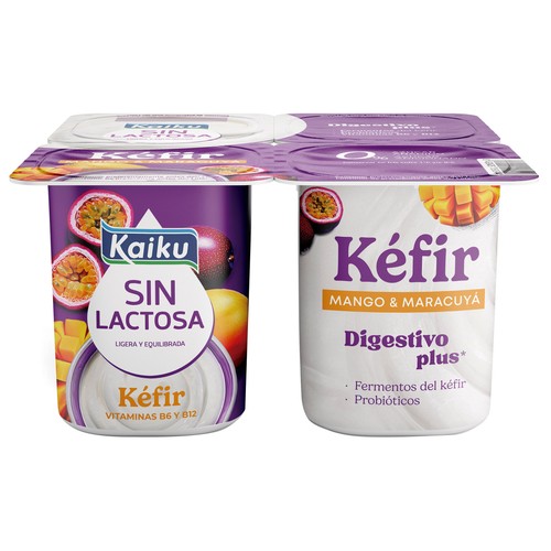 KAIKU Sin lactosa Kéfir sin lactosa con trocitos de mango y maracuya 4 x 125 g.