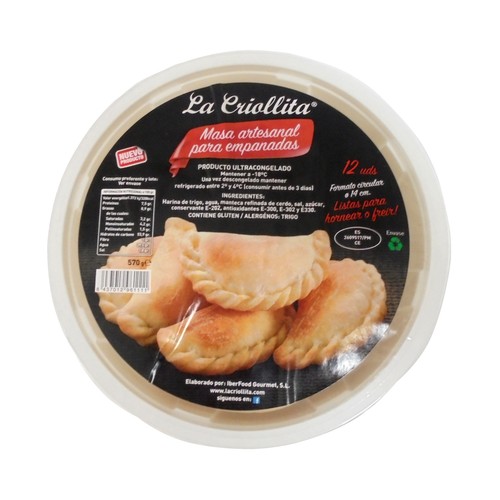 LA CRIOLLITA Masa artesanal circular (14 cm) y ultracongelada, para empanadas 12 uds.