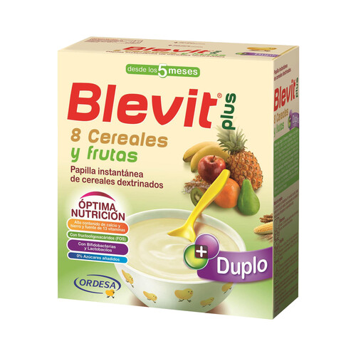 Papilla instantánea de 8 cereales dextrinados y frutas, para bebés a partir de 5 meses BLEVIT Plus duplo 600 g.