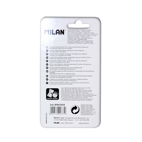 Sacapuntas cuerpo de plástico + borrador con soporte protector + 2 recambios borrador MILAN Capsule.