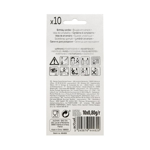 Velas de cumpleaños color blanco con soporte, 10 unidades, ACTUEL.