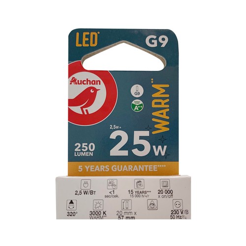 Bombilla Led G9, 2,5W=25W, luz cálida, PRODUCTO ALCAMPO.