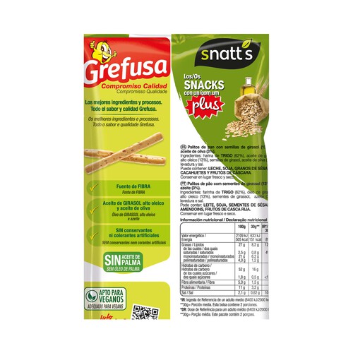 SNATT'S Palitos de cereales con pipas SNATT'S GREFUSA, bolsa 62g