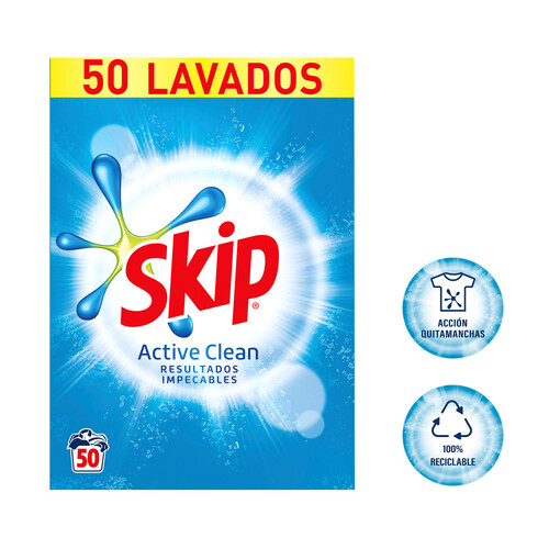 SKIP Detergente en polvo para lavadora con aceleradores de lavado SKIP ACTIVE CLEAN 50 ds. 3 kg.