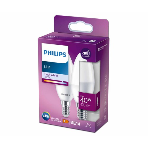 Pack de 2 bombillas Led E14, 5W=40W, luz neutra 4000K, 470lm, PHILIPS