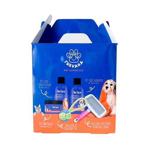 FURVANA Estuche navideño para mascotas con champú + Acondicionador + Bálsamo para patas + peine + Juguete 