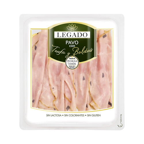 Pechuga y jamón de pavo, cocidos y con trufa y boletus, cortada en lonchas LEGADO 180 g.