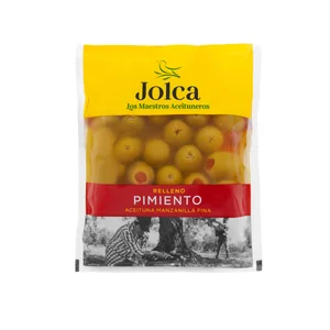 JOLCA Aceitunas verdes manzanilla rellenas de pimiento bolsa de 90 g.