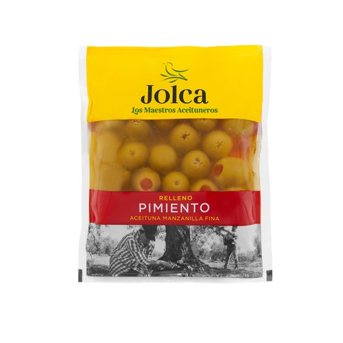 JOLCA Aceitunas verdes manzanilla rellenas de pimiento bolsa de 90 g.