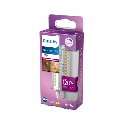 Bombilla Led R7S, 14W=120W, luz cálida 3000K, 118mm, regulable, PHILIPS.