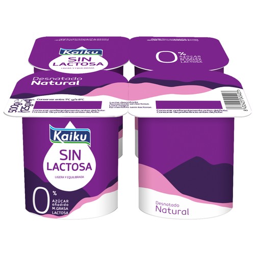 Yogur desnatado 0% materia grasa, sin lactosa ni azúcares añadidos, sabor natural KAIKU Sin lactosa 4 x 125 g.