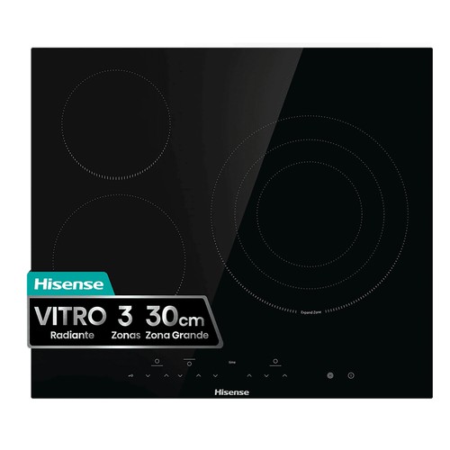 Vitrocerámica radiante HISENSE E6332BSCE, 3 zonas de cocción, zona grande 30cm, potencia: 5700W, control táctil,A: 59cm.