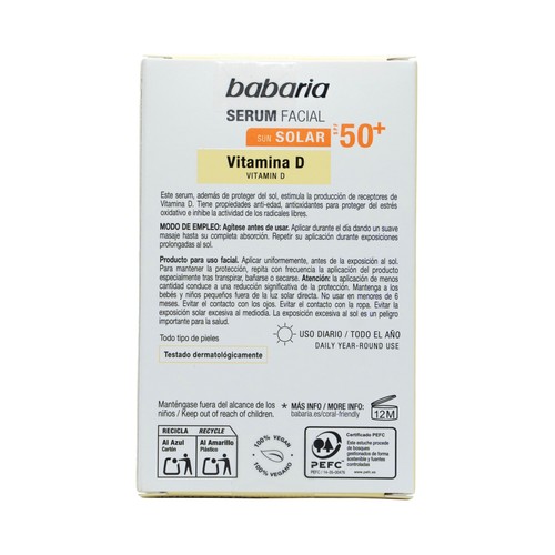 BABARIA Sérum facial protector con vitamina D y FPS 50+ (muy alto) 30 ml.