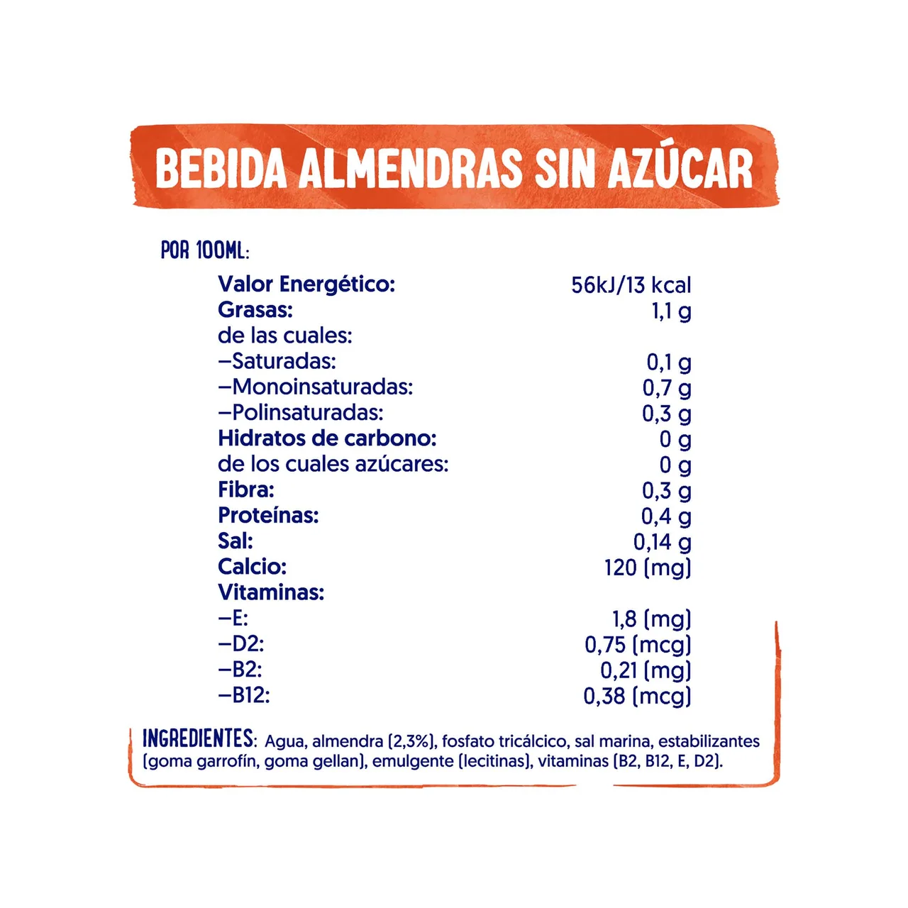Bebida de almendras 100% vegetal, sin azúcar ni edulcorantes 1 l.