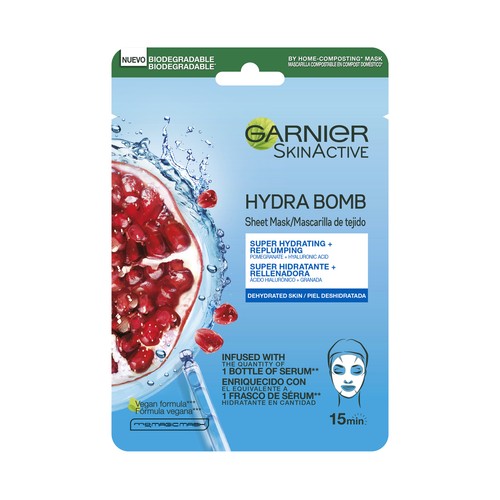 GARNIER Skin Active Mascarilla de tela Hydra Bomb, hidratante y revitalizante, con granada antioxidante, ácido hialurónico.