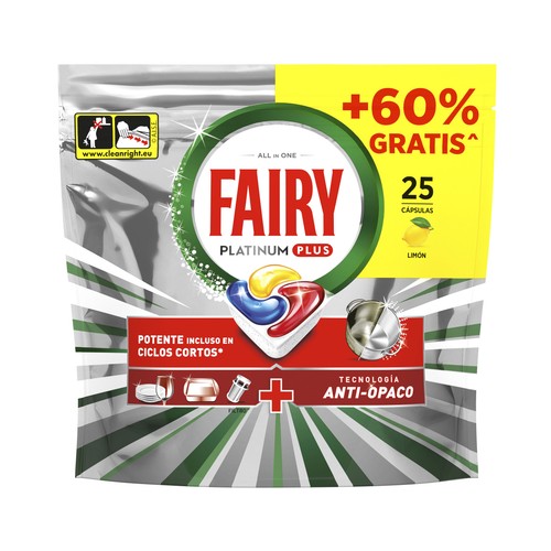 FAIRY Lavavajillas de máquina platinum plus limón 25 cápsulas 60% gr + 338gr 