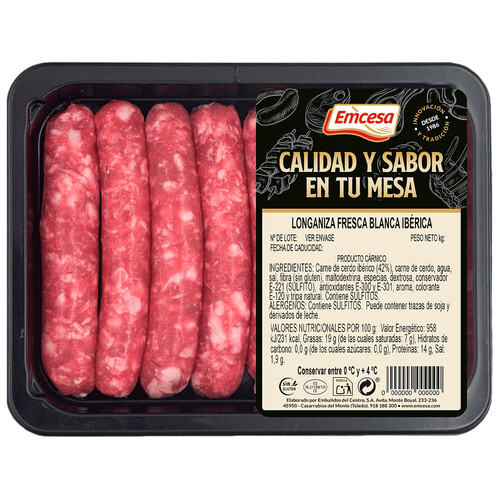 Bandeja con longanizas frescas blancas ibéricas, elaboradas sin gluten EMCESA 300 g.
