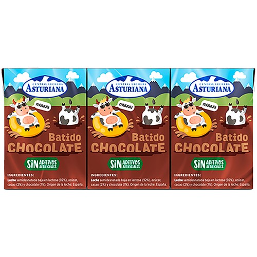 Batido de chocolate sin aditivos artificiales ni edulcorantes ni azúcares añadidos CENTRAL LECHERA ASTURIANA 3 x 200 ml.