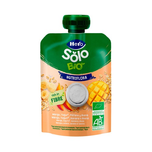 HERO Solo bio nutriflora Bolsita de frutas (mango y plátano), yogur y avena, a partir de 6 meses 100 g.