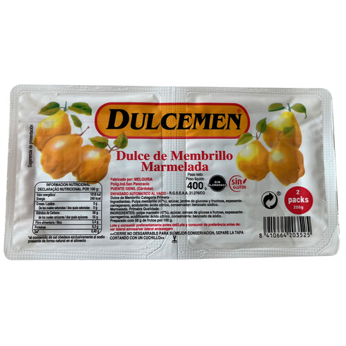 Dulce de membrillo elaborado sin alergénos y sin gluten DULCEMEN 2 x 200 G.
