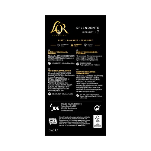 L'OR Espresso Café Splendente I7 en cápsulas compatibles con Nespresso 10 uds.