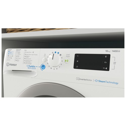 Lavadora INDESIT BWE 101496XWSVSPT capacidad de carga: 10KG, clasificación energética: A, 1400RPM, H: 85cm, A: 59,5cm, F: 60,5cm.
