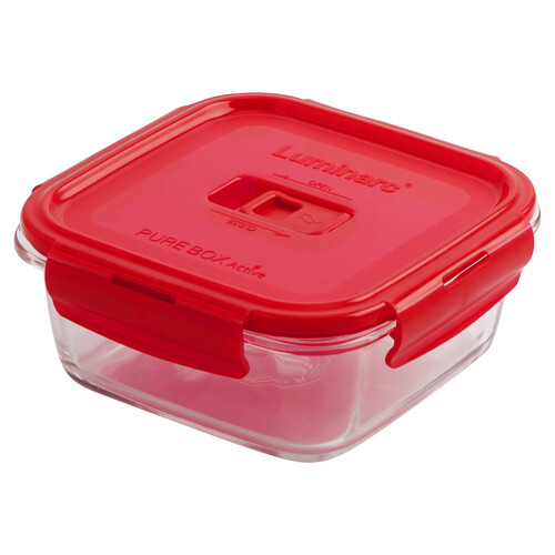 Recipiente hermético rectángular de vidrio templado y tapa color rojo, Pure Box Active, 0,76 litros, 13cm. LUMINARC.