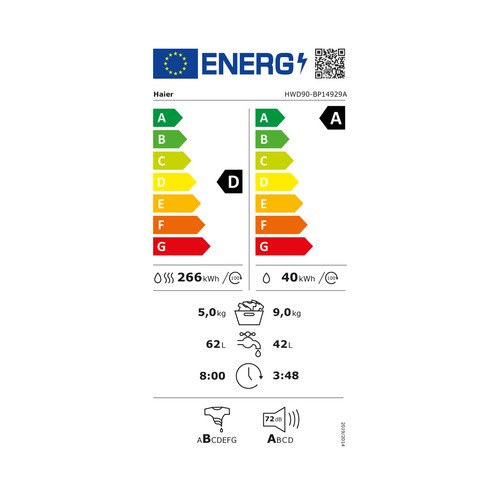 Lavadora secadora HAIER HWD90-BP14929A-S, capacidad lavado/secado: 9KG/5KG, clasificación energética secado: D, 1400RPM, H: 85cm,A: 59,5cm,F: 54,8cm.