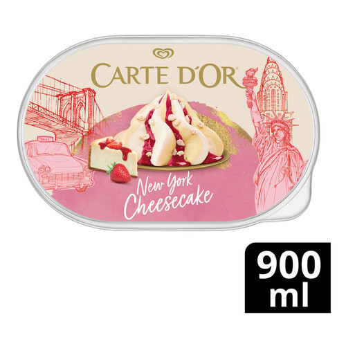 CARTE D'OR Tarrina de helado sabor a tarta de queso y helado sabor a galleta con salsa de fresa CARTE D´OR 900 ml.