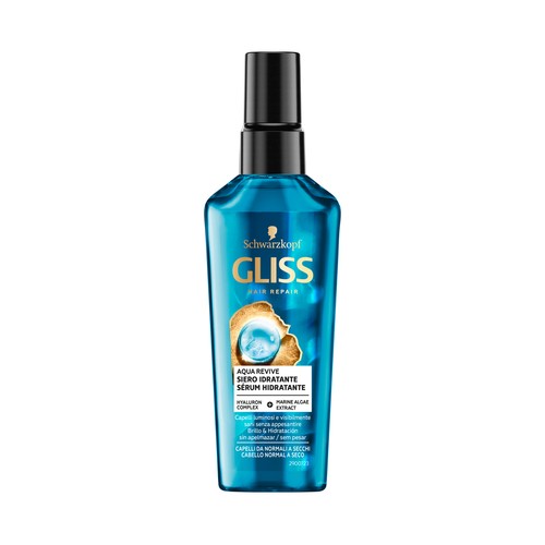 GLISS Sérum hidratante con complejo hialurónico y alga marina, para cabellos normales a secos GLISS Aqua revive de Schwarzkopf 75 ml.
